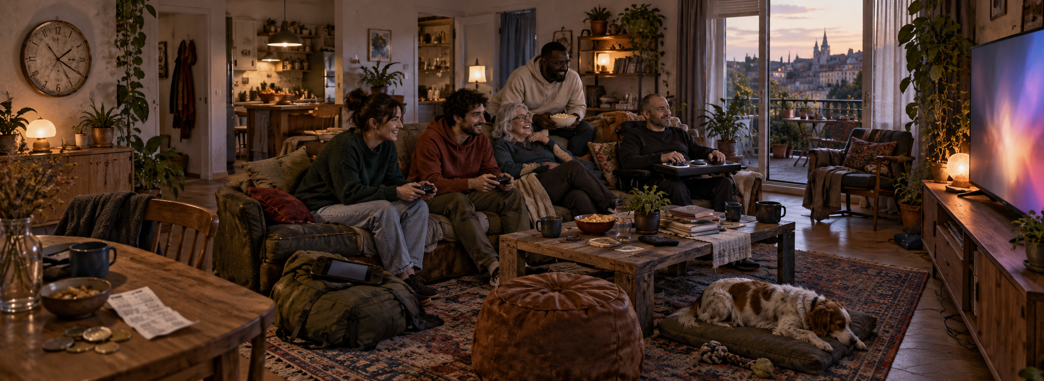 Ein bewohntes Luxemburger Wohnzimmer während eines gemeinsamen Spielabends